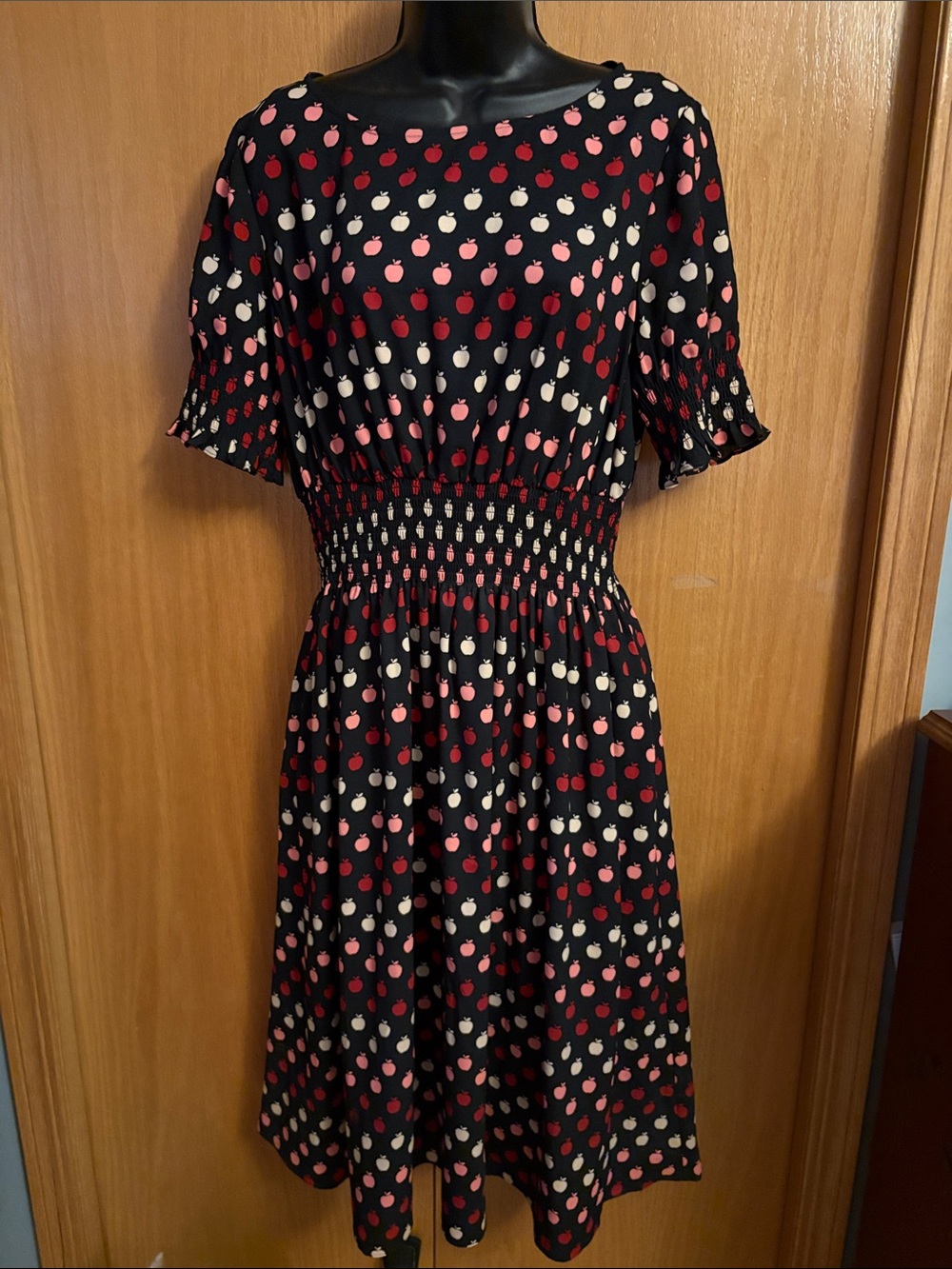 kate spade Black Apple-Print and Smocked Waist Dress